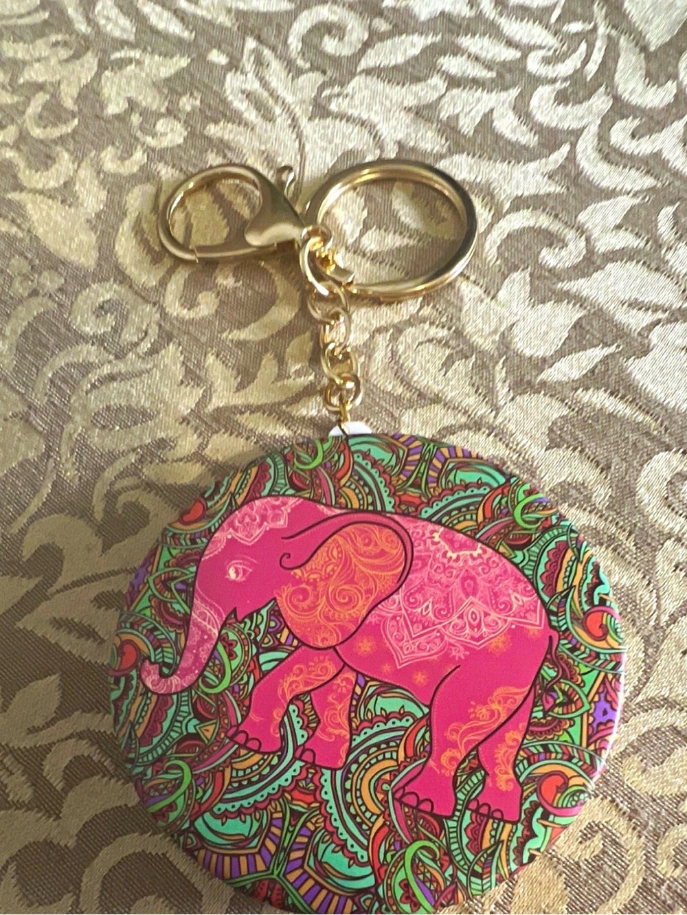 Pink Elephant Mirror Keychain Keyring Purse or Bag Charm Paisley